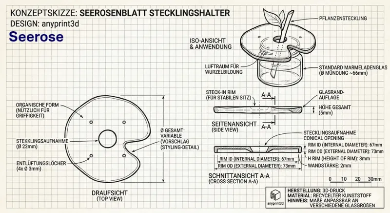 anyprint3d Stecklingshalter Seerose 3D-Druck Skizze technische Maße